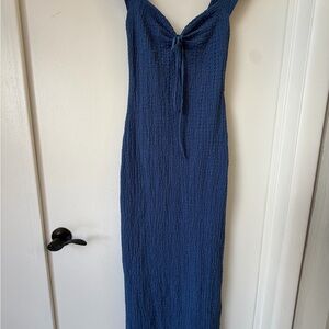 Blue Textured Midi Dress | Sleeveless Tie Front Bodycon | Stretch Knit